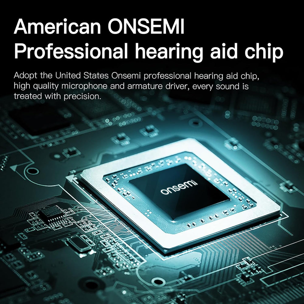 Close-up of the American ONSEMI hearing aid chip on a circuit board, the processor used inside the EarWell Comfort RIC
