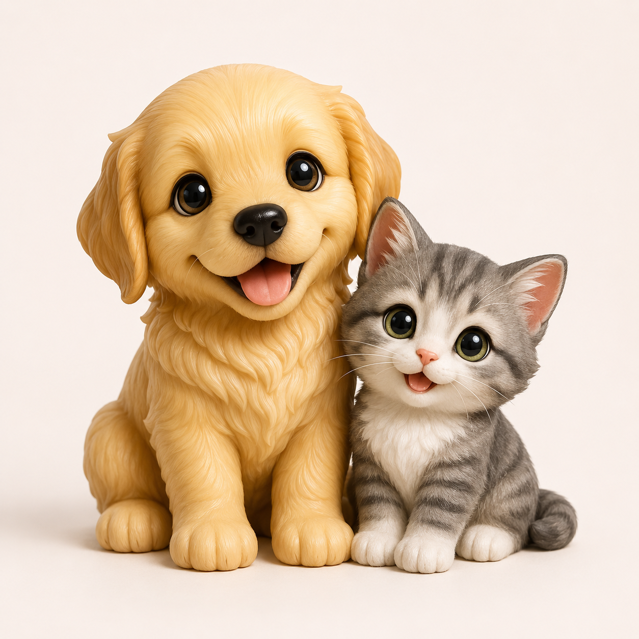 Custom pet figurine of a golden dog and a grey kitten