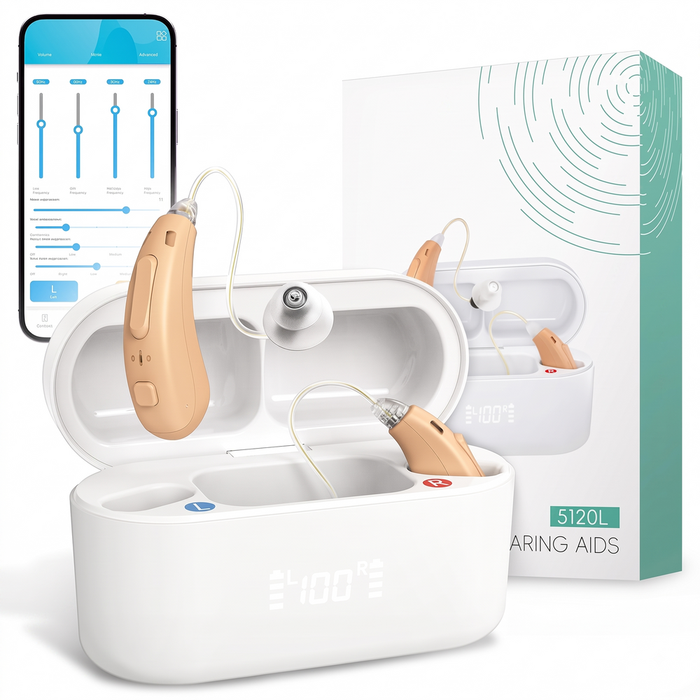 EarWell Comfort RIC beige hearing aids beside their white charging case, with the companion app open on a phone